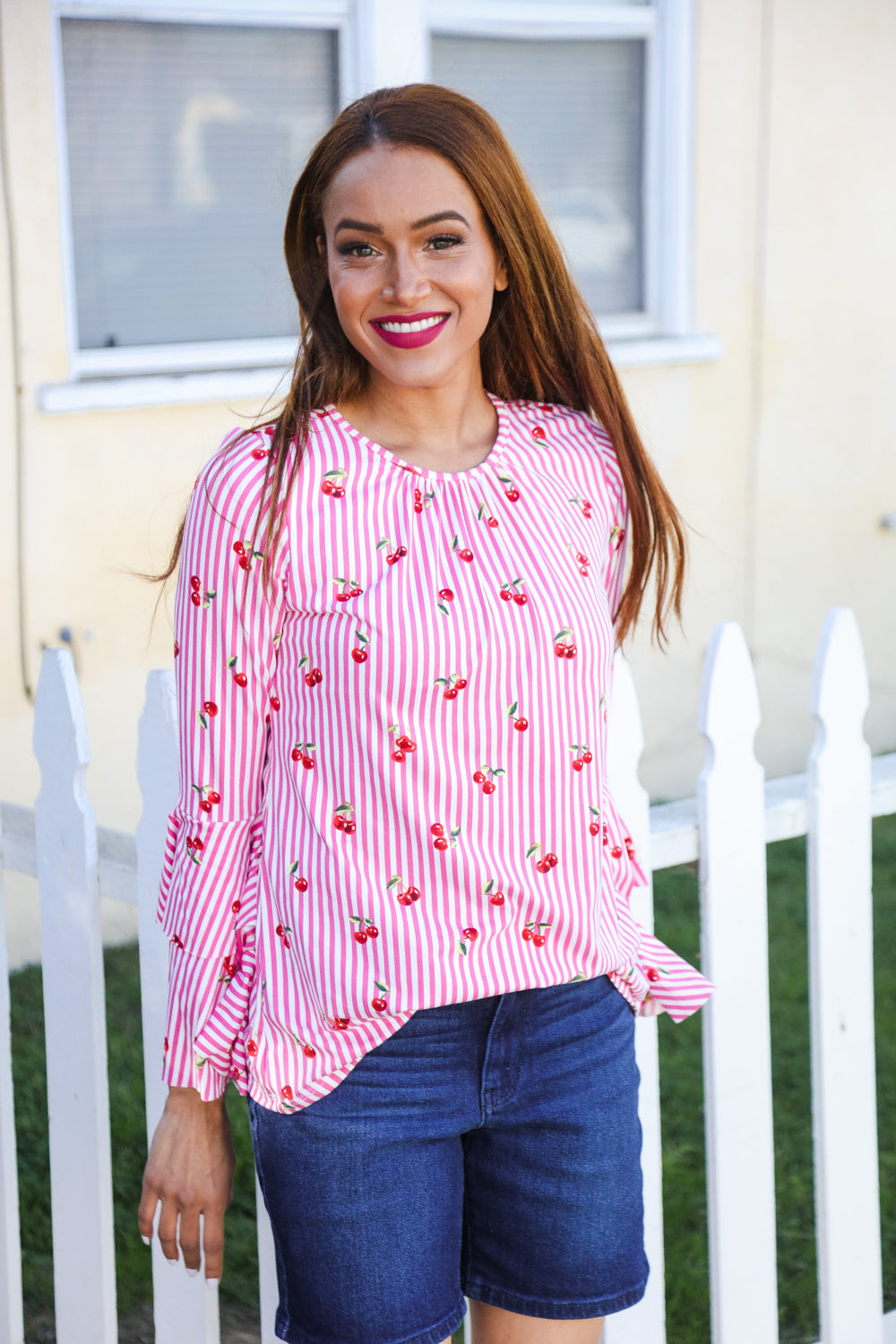 Pink Cherries Stripe Bell Sleeve Top