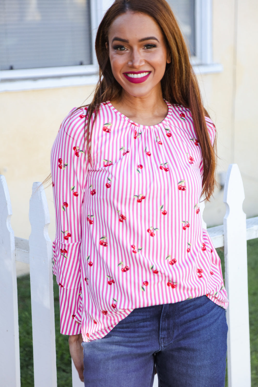 Pink Cherries Stripe Bell Sleeve Top