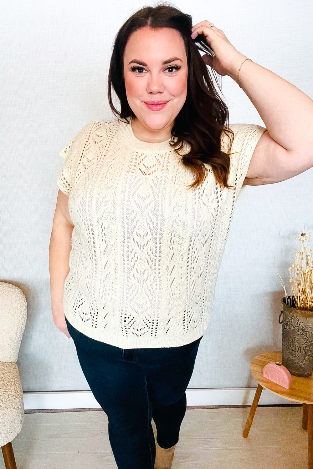 BiBi Beige Dolman Short Sleeve Crochet Sweater Top