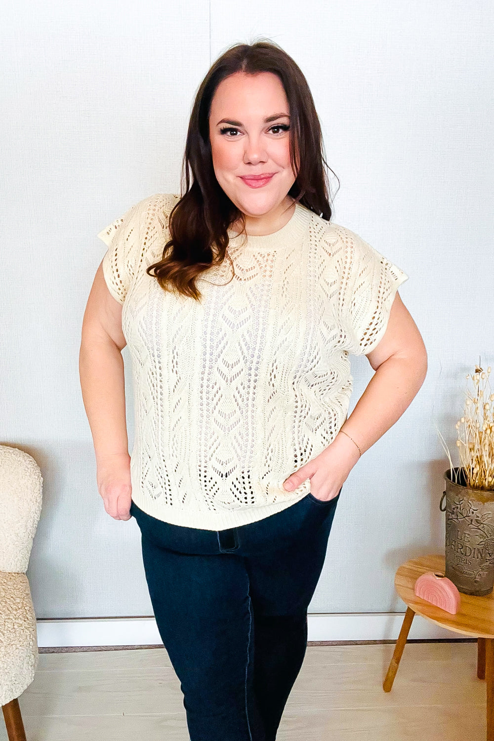 BiBi Beige Dolman Short Sleeve Crochet Sweater Top