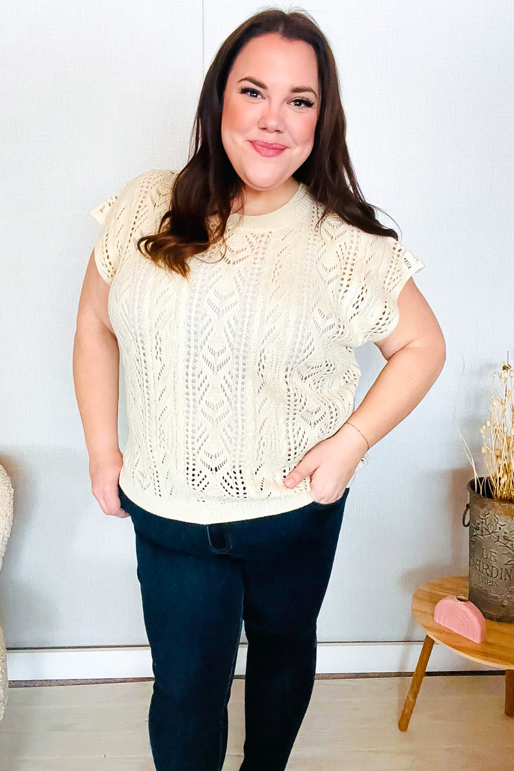 BiBi Beige Dolman Short Sleeve Crochet Sweater Top