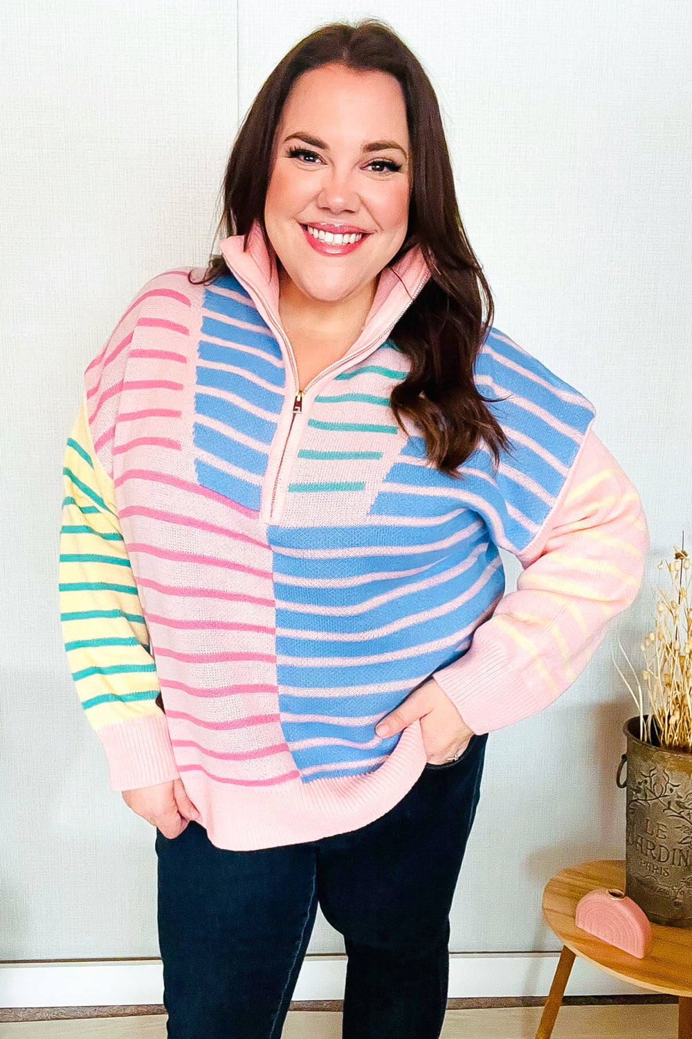 HAPTICS Stripe Half Zip Up Oversized Sweater