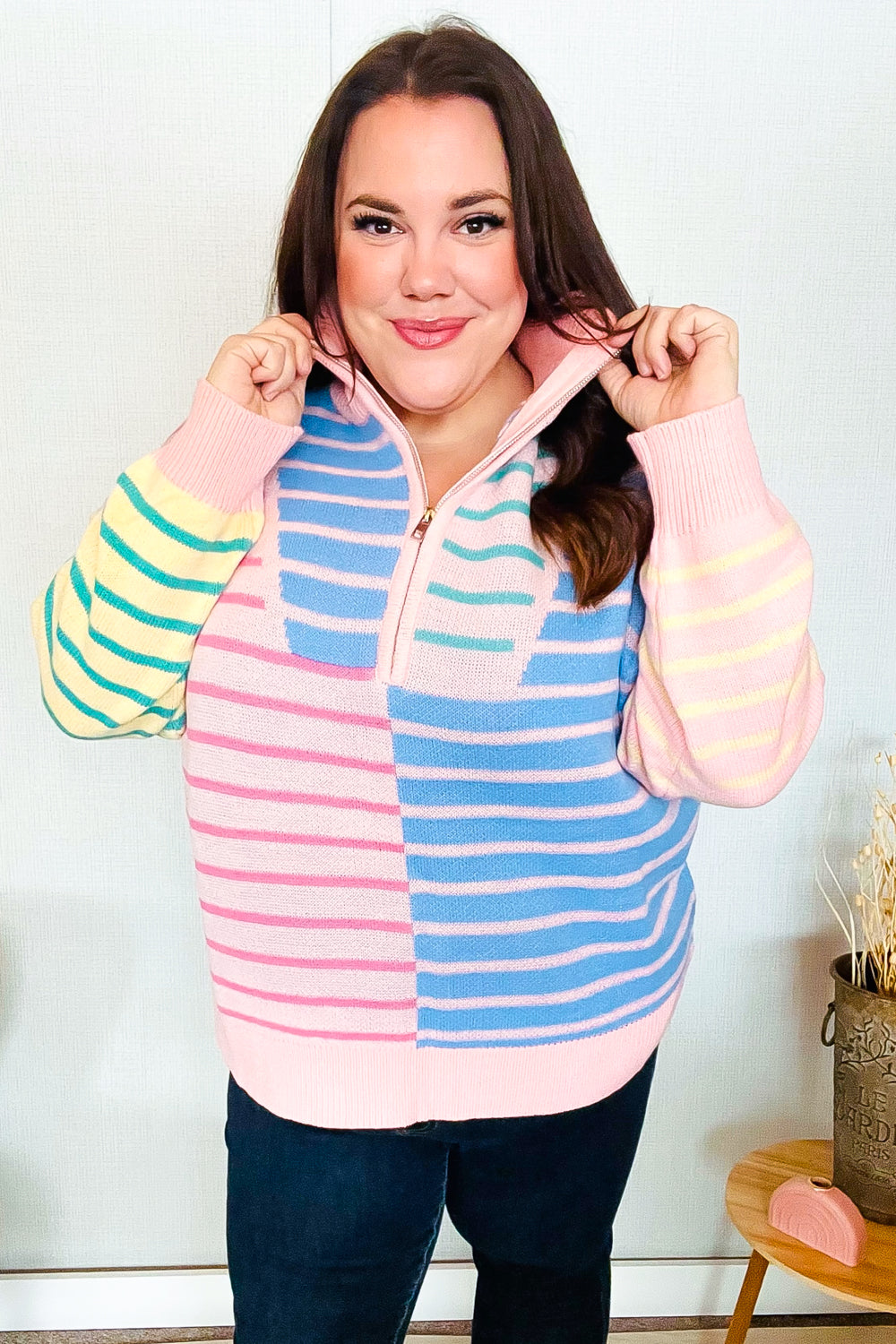 HAPTICS Stripe Half Zip Up Oversized Sweater