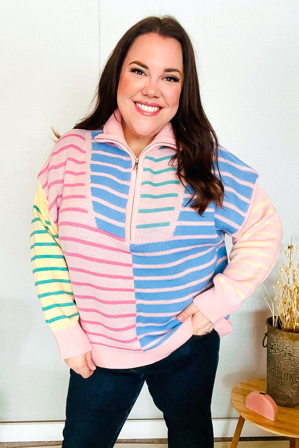 HAPTICS Stripe Half Zip Up Oversized Sweater