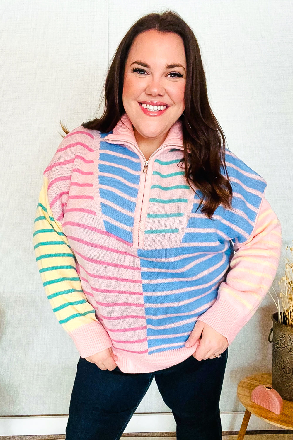 HAPTICS Stripe Half Zip Up Oversized Sweater