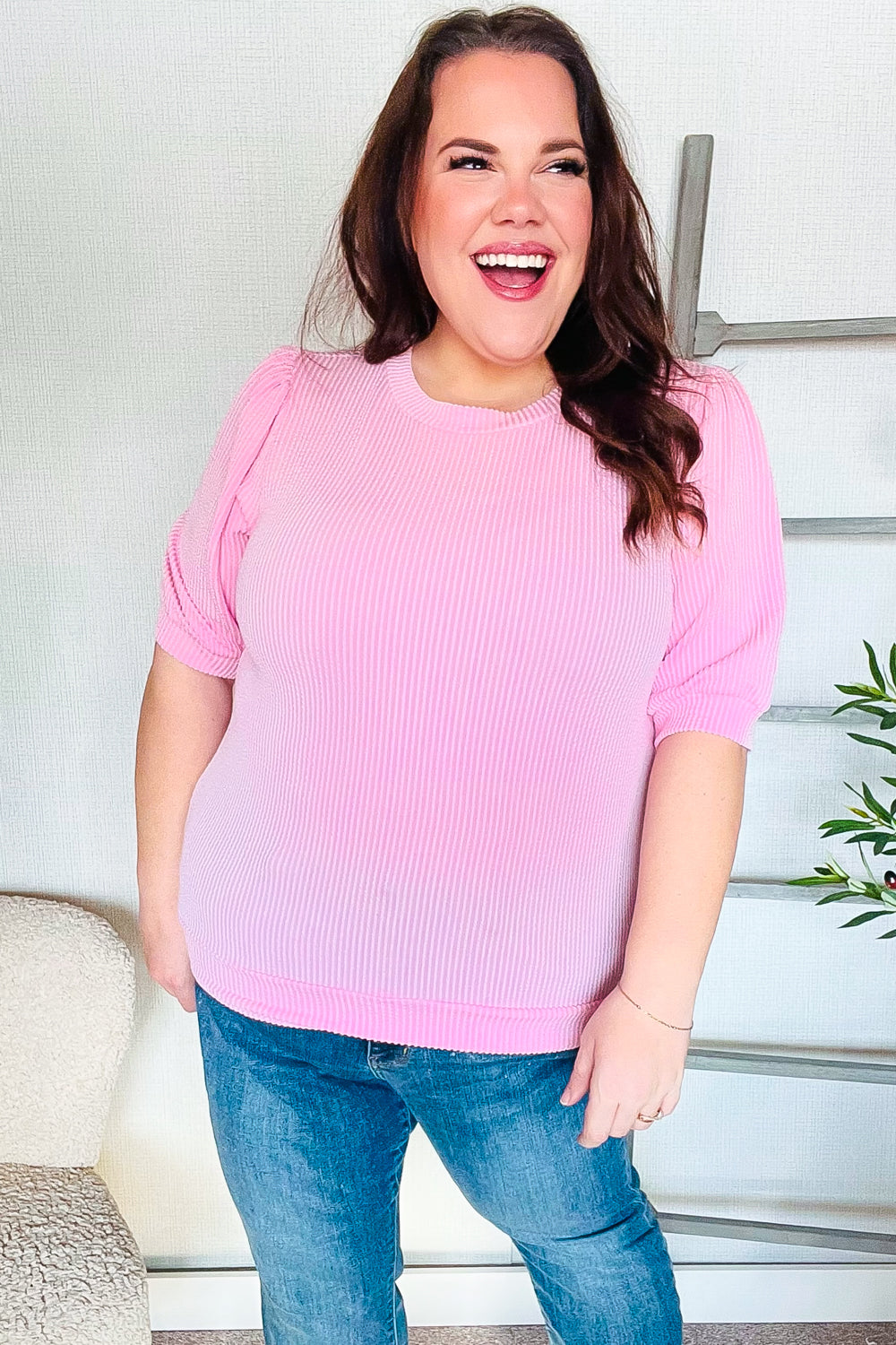 HAPTICS Baby Pink Bubble Wavy Knit Top